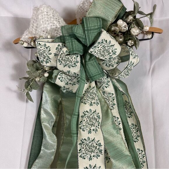 Christmas Tree Topper Bow Star Holiday Decor Mod Farmhouse White, Green & Silver - Picture 9 of 12